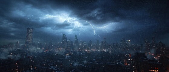 Violent thunderstorm in dense urban environment heavy rain cascading from rooftops dramatic city skyline illuminated by lightning cinematic rain-soaked scene