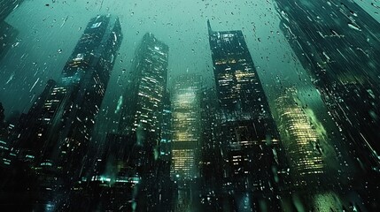 Rainstorm in futuristic cityscape towering skyscrapers shrouded in heavy rain dynamic reflections on wet surfaces moody urban scene