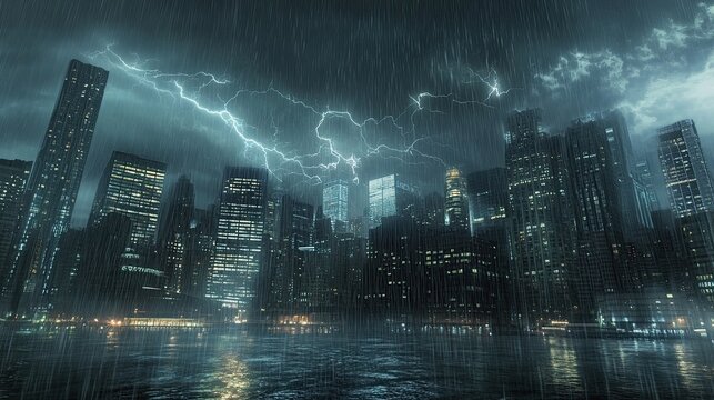 Heavy rainstorm over modern city drenched buildings glistening under moody skies intense lightning striking urban landscape dynamic rain-soaked scene