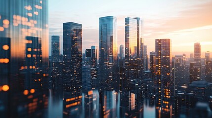 Obraz premium Futuristic urban cityscape minimal composition sharp lines glass towers soft shadows evening light modern skyline 3D render