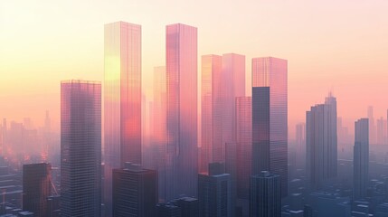 Futuristic urban cityscape minimal composition sharp lines glass towers soft shadows evening light modern skyline 3D render