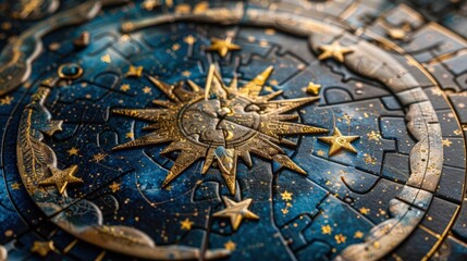 Intricate celestial compass design featuring golden elements and a deep blue background, perfect for astrology and navigation themes.