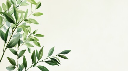 A delicate arrangement of green leaves on a light background. The leaves create a sense of nature, growth, and freshness, perfect for minimalist designs and presentations.