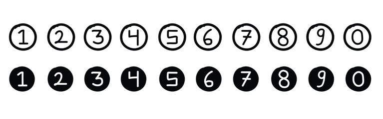 Hand drawn simple round numbers icon in flat style, Collection of numbers 1-0 simple black symbol signs for apps, UI and websites, doodle art