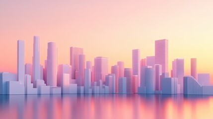 Fototapeta premium Futuristic skyline minimal urban design 3D render modern buildings sunset hues advanced infrastructure soft gradients