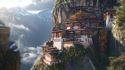 A close-up of the intricate details of Tiger's Nest Monastery's architecture, with the mountains in the background
