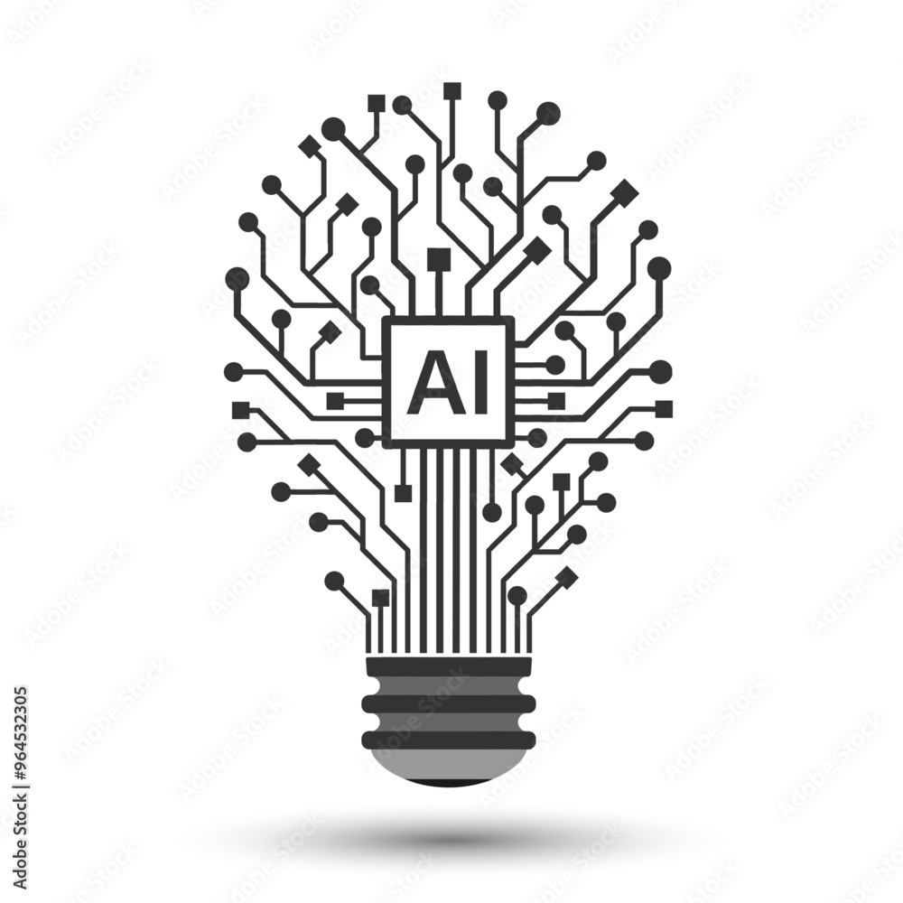 Leinwandbilder Light bulb circuit with AI chip icon. Idea and innovation by AI. Artificial intelligence and Machine learning technology concept. Vector Illustration.