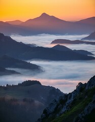 Scenic Mountain View with Layers of Mist at Sunrise, Perfect for Travel Blogs