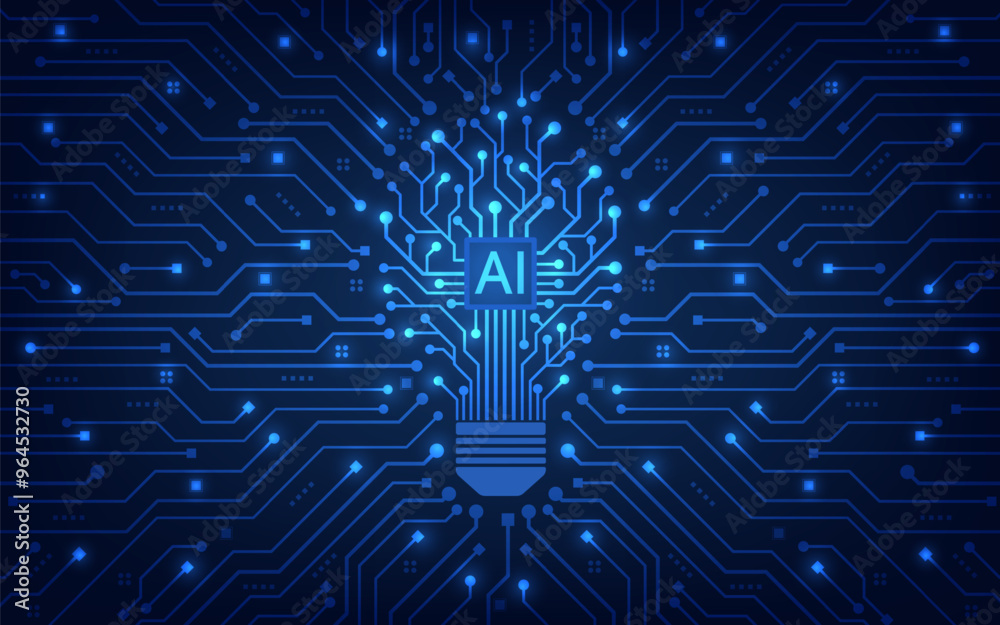 Poster The light bulb circuit with AI chip on the circuit motherboard. Idea and innovation by AI. Artificial intelligence and Machine learning technology concept. Vector Illustration.