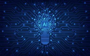 The light bulb circuit with AI chip on the circuit motherboard. Idea and innovation by AI. Artificial intelligence and Machine learning technology concept. Vector Illustration.