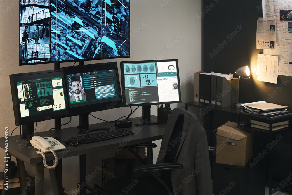 Poster monitoring and analyzing security footage in a modern surveillance room with multiple screens and hi