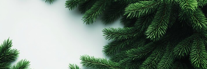 Obraz premium A minimalist composition of fresh evergreen branches against a white background. The image evokes feelings of nature, tranquility, and the holiday season.