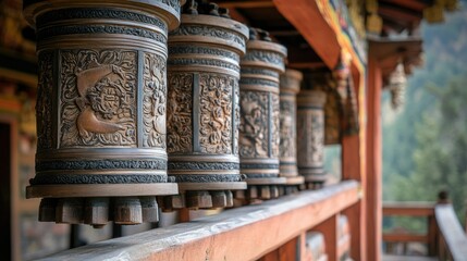 Fototapeta premium A close-up of the prayer wheels at Tiger's Nest Monastery, with intricate carvings on the wooden panels.