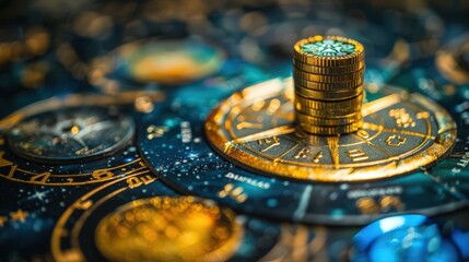 A captivating blend of astrology and finance, showcasing coins on a cosmic background, symbolizing wealth and destiny.