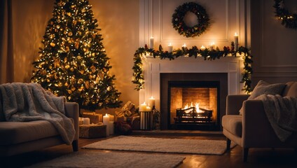 Fototapeta premium A cozy living room lighted with numerous lights decorated ready to celebrate Christmas. Christmas room interior design, Xmas tree decorated by lights, candles and garland lighting indoors fireplace