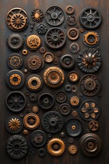 A collection of intricate metal gears and wheels in various sizes and shades of bronze.