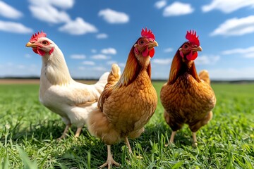 Fototapeta premium Poultry farm, rotational grazing, sustainable feed cycle rotates chickens through different pastures, improving soil health and providing fresh food