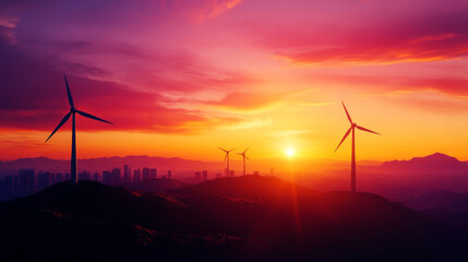 Obraz premium A scenic landscape featuring wind turbines silhouetted against a vibrant sunset sky. The image symbolizes renewable energy, environmental consciousness, and the beauty of nature.