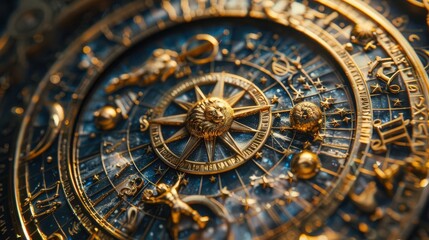 Obraz premium Intricate astrology wheel featuring zodiac symbols and celestial designs in gold and blue hues.