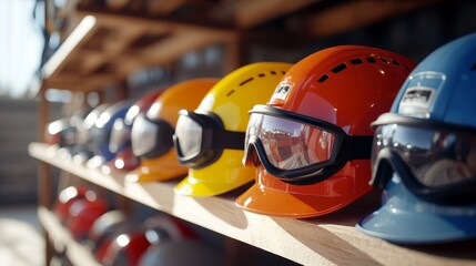 Fototapeta premium A row of safety helmets with goggles on top, showcasing a variety of colors and designs. These helmets are essential for safety in construction, industrial, and other hazardous work environments. They