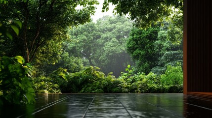 Obraz premium A serene view of a lush rainforest, framed by the open doorway of a modern minimalist home. The scene symbolizes tranquility, nature's beauty, harmony, connection to the natural world, and a sense of 