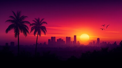 A silhouette of a city skyline with palm trees in the foreground, against a vibrant sunset sky. The setting sun casts a warm glow on the cityscape, symbolizing hope, beauty, and the end of a day. The 