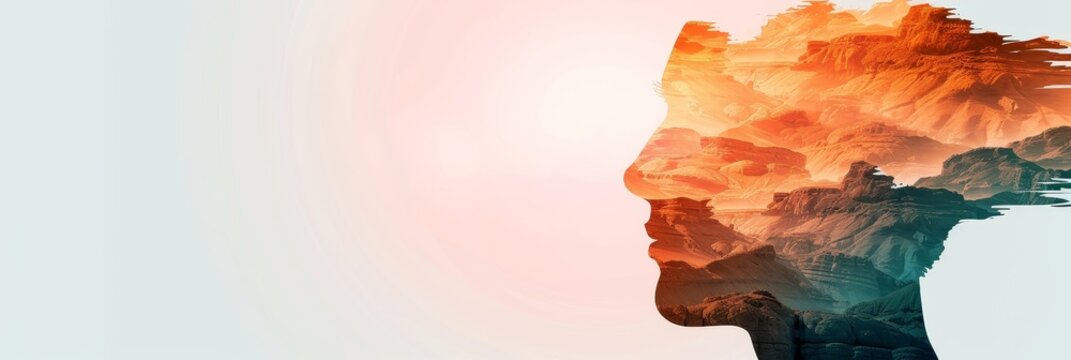 A silhouette of a person with a vibrant landscape superimposed on their face, symbolizing the connection between the inner and outer world, the exploration of self and the vastness of nature, and the 