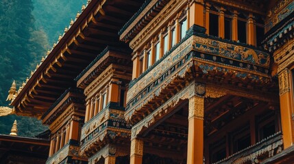 Obraz premium A close-up of the traditional Bhutanese architecture of Tiger's Nest Monastery, with its ornate details.