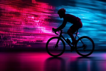A silhouette of a cyclist riding a bicycle with neon lights in the background. The image symbolizes speed, motion, and determination. The cyclist is a powerful figure in the image, representing the po