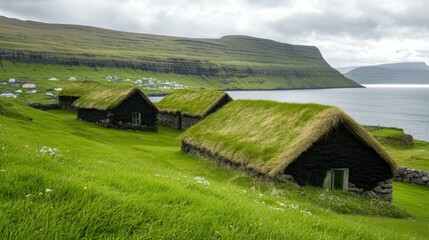 A close-up of the traditional Faroese turf-roofed houses, blending seamlessly with the surrounding landscape.
