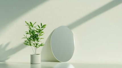 A simple yet elegant still life featuring an oval mirror reflecting a potted plant in a bright, sunlit room. The image evokes a sense of tranquility and minimalism, symbolizing nature, reflection, and