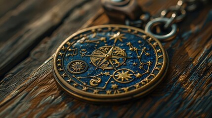 A beautifully detailed vintage astrological pendant showcasing intricate designs and rich colors on a rustic wooden background.