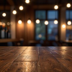 image of wooden table in front of abstract blurred background of resturant lights