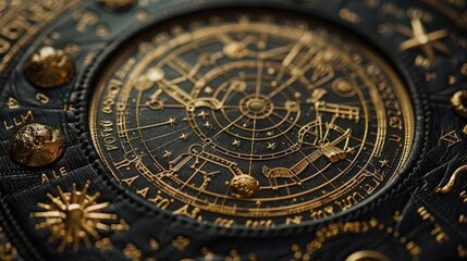 Obraz premium Intricate astronomical design featuring celestial symbols and golden details on a dark leather background.