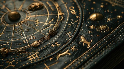 Intricate leather design featuring astrological symbols and constellations, perfect for mysticism and fortune-telling themes.