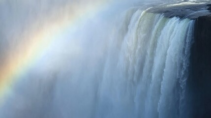 A close-up of the water cascading over the edge of Victoria Falls, with mist rising and a rainbow visible in the background.