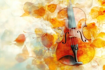 Double exposure of a violin merging with autumn leaves, with copy space