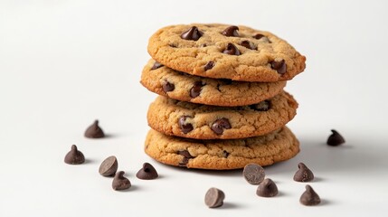 A stack of four freshly baked chocolate chip cookies, perfectly aligned on a white surface, with a few scattered chocolate chips around them, symbolizing the warmth and sweetness of homemade treats, t