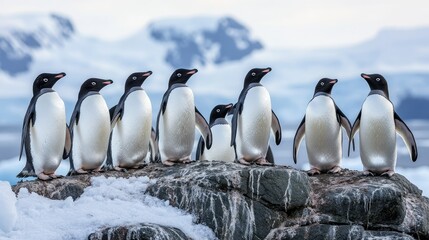 Obraz premium A colony of Adlie penguins standing on a rocky outcrop in Antarctica, with the icy landscape stretching out behind them.