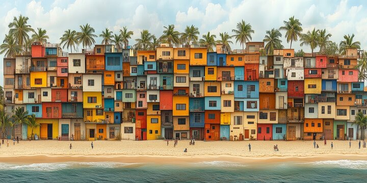 Colorful beachside favela with people enjoying the sandy shore.