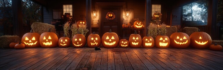 Fototapeta premium A line of intricately carved pumpkins illuminates a porch on a chilly autumn evening