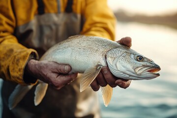 Obraz premium Fisherman holding a large catch, portrait photography, with copy space