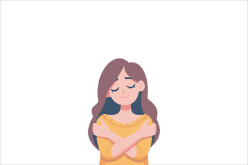 Woman Character Hug Herself Taking Care and Show Importance of Oneself. Vector Illustration.