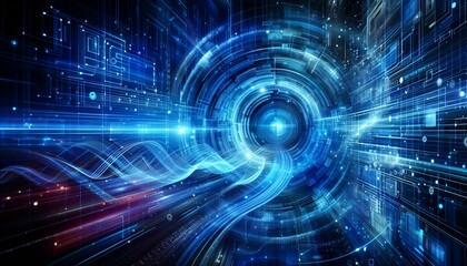 Futuristic blue digital backdrop featuring binary code, swirling data streams, and dynamic patterns, perfect for technology and innovation-themed designs.