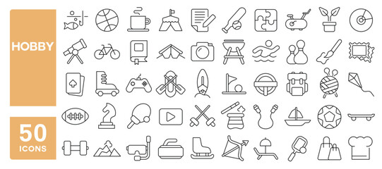 Set of 50 line icons related to hobby, free time, hiking, acting, traveling, cooking, fishing, chess, painting, cycling, Editable stroke. Vector illustration