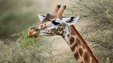 A giraffe feeding on the leaves of an acacia tree in Kenya Samburu National Reserve.