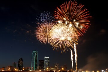 A vibrant fireworks display explodes over a city skyline, creating a dazzling spectacle of color and light. The fireworks burst in a kaleidoscope of reds, oranges, yellows, and whites, illuminating th