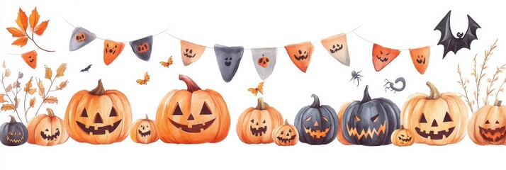 A watercolor illustration featuring a festive Halloween banner adorned with jack-o'-lanterns, bats, and autumn leaves, evoking a playful and spooky atmosphere.