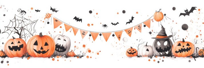 Fototapeta premium A watercolor illustration of a Halloween party banner with pumpkins, bats, spiders, and confetti. The pumpkins are all smiling and have different expressions. The banner is decorated with orange and b