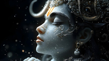 A serene depiction of a deity, showcasing intricate details and a mystical atmosphere.